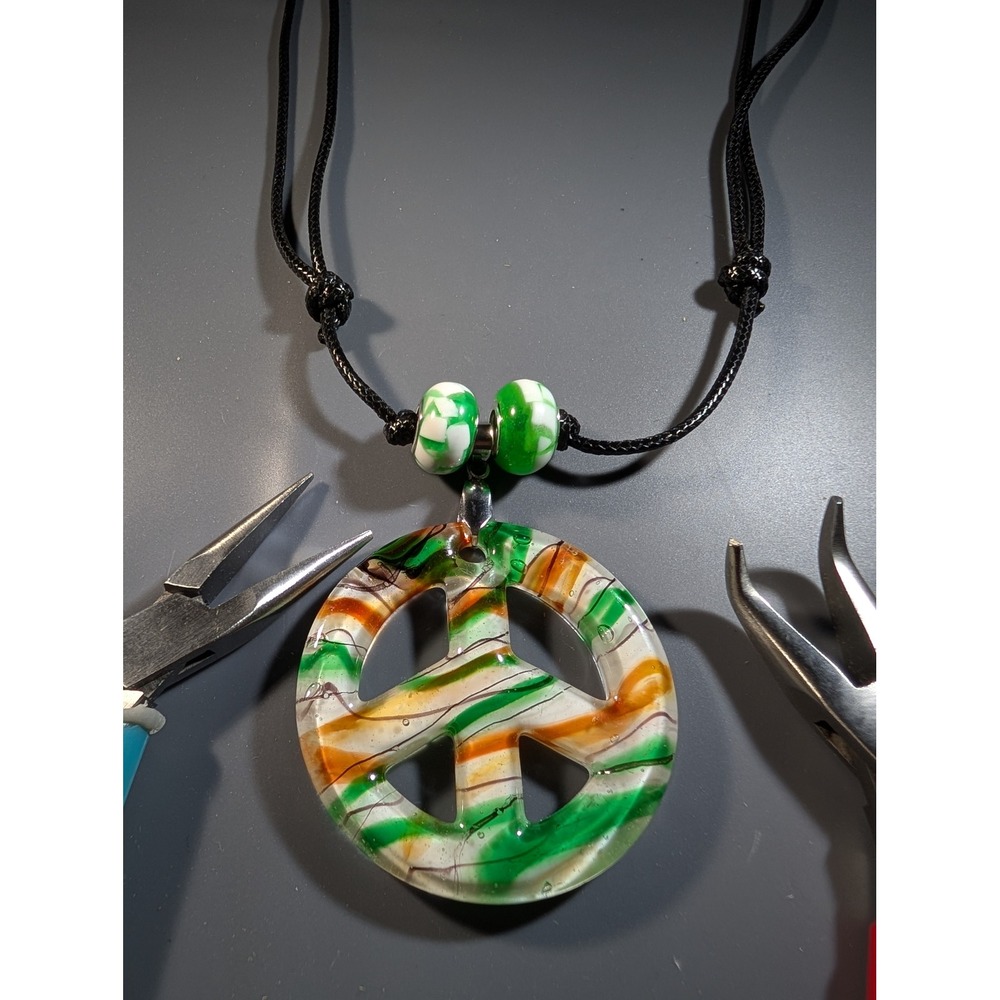 Artisan Dichroic Glass Peace Sign Pendant Necklace Adjustable Cord Green Orange